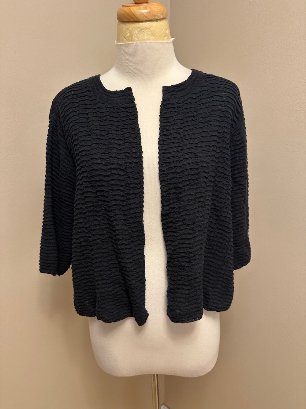 Eileen Fisher Textured Cropped Linen Blend Open Front Cardigan Black Sz XL
